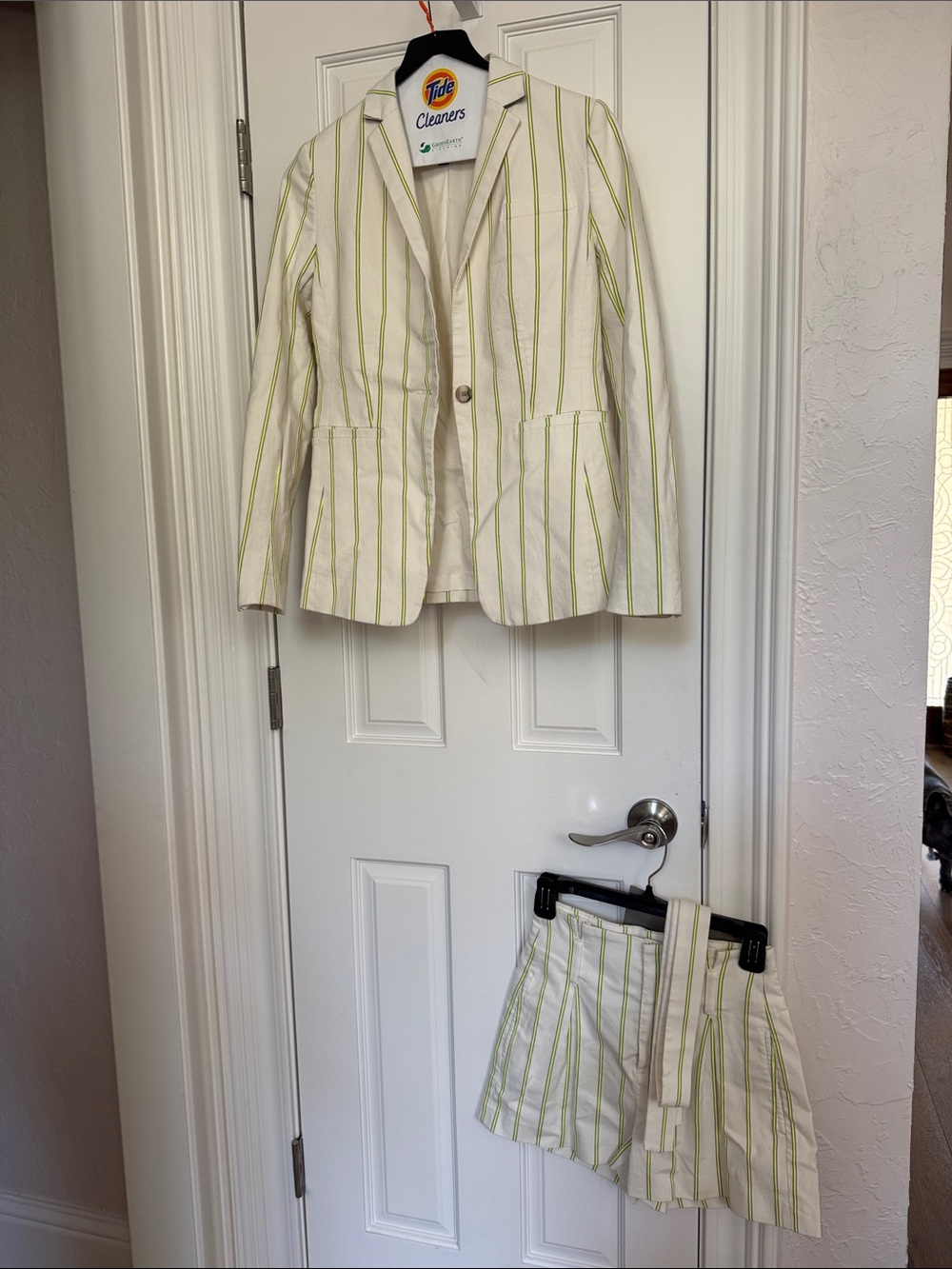 Striped Two-Piece Blazer and Paperbag Shorts Sets - Cream w/ Neon Green Stripes